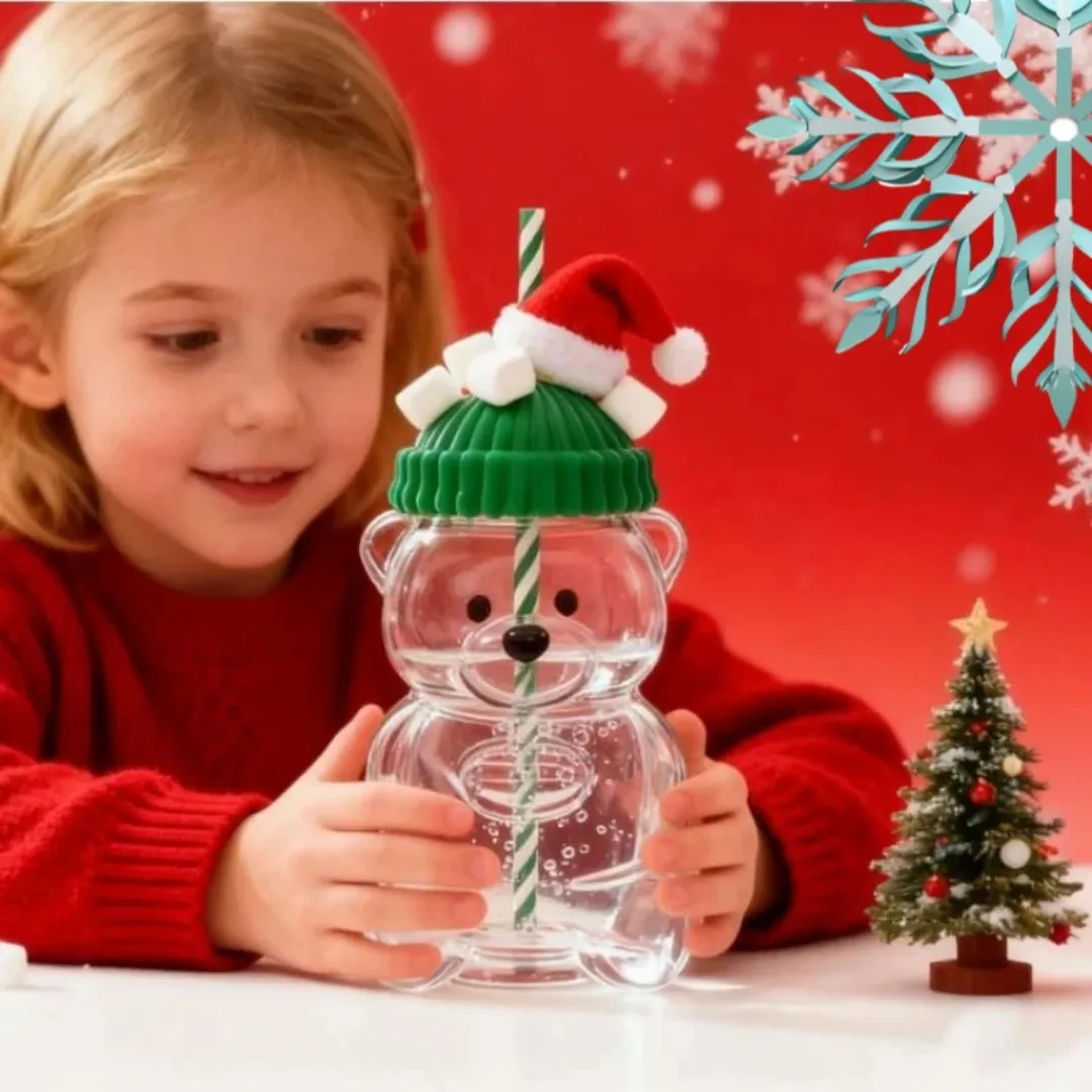 

500ml bear shaped transparent straw cup, reusable heat-resistant cup, milk juice tea cup