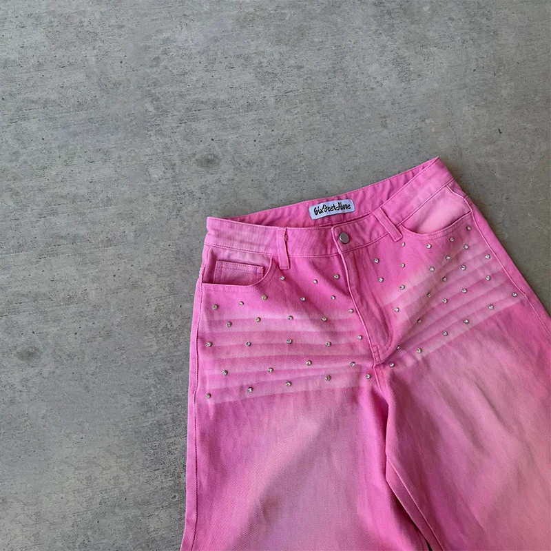 الوردي التدرج المسامير الديكور عالية الخصر خمر المتعثرة حفرة واسعة الساق الجينز Y2K الاتجاه الرجال النساء موضة غير رسمية الشارع الشهير #2