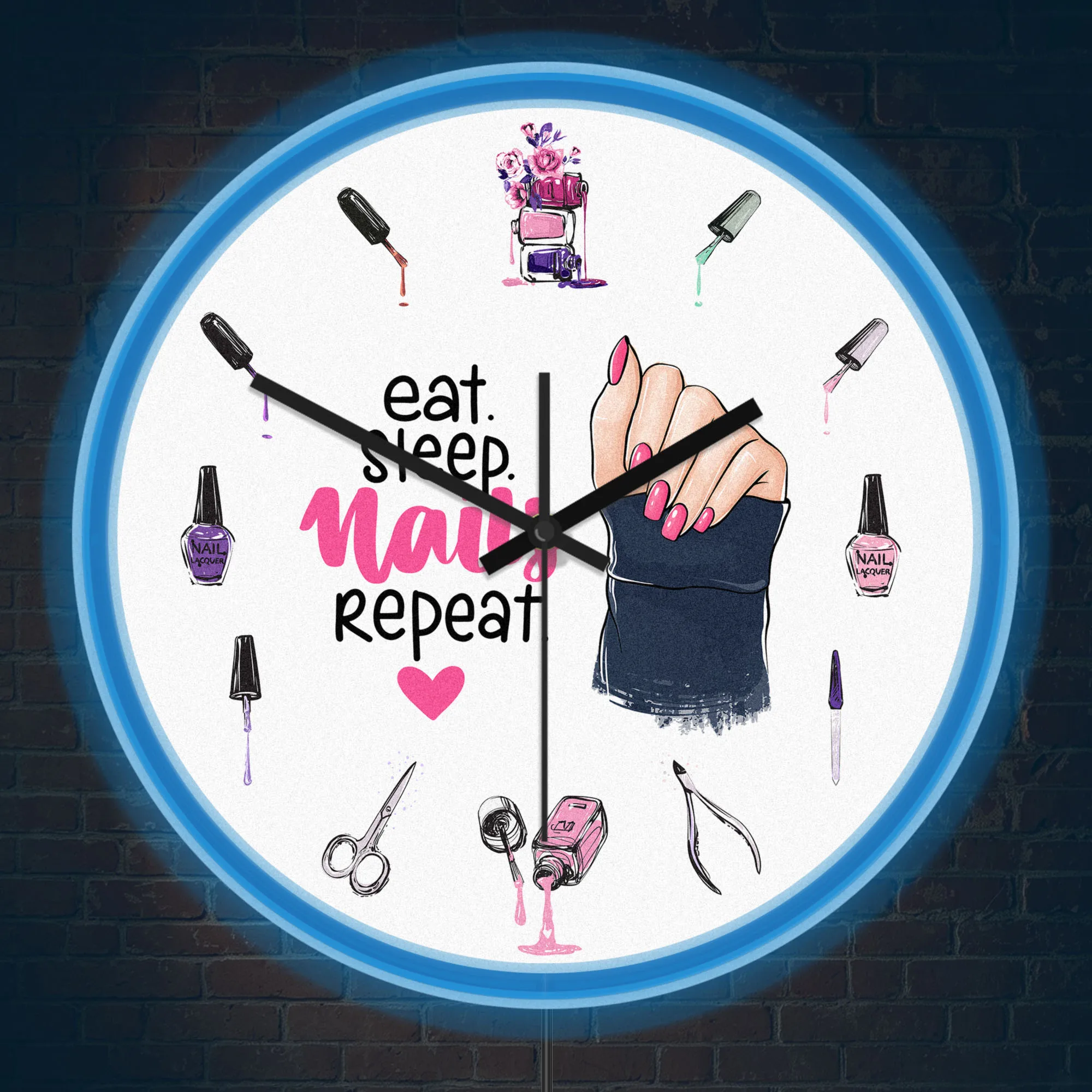 Eat Sleep Nail Repeat Neon Wall Clock for Makeup Nail Studio Beauty Salon Illuminated Sign LED Wall Clock Nail Technician Gift