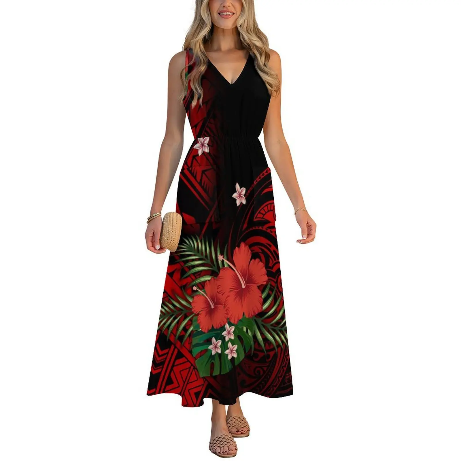 Polynesian-Style Printed V-Neck Vest With I-Shaped Pocket Dress Customizable Pattern Dress