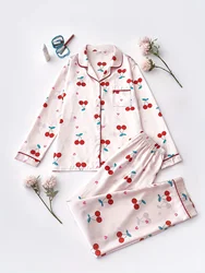 Women's Cute Cherry Print Silky Pajama Set, Long Sleeve Buttons Lapel Top & Pants, Comfortable Relaxed Fit For Fall