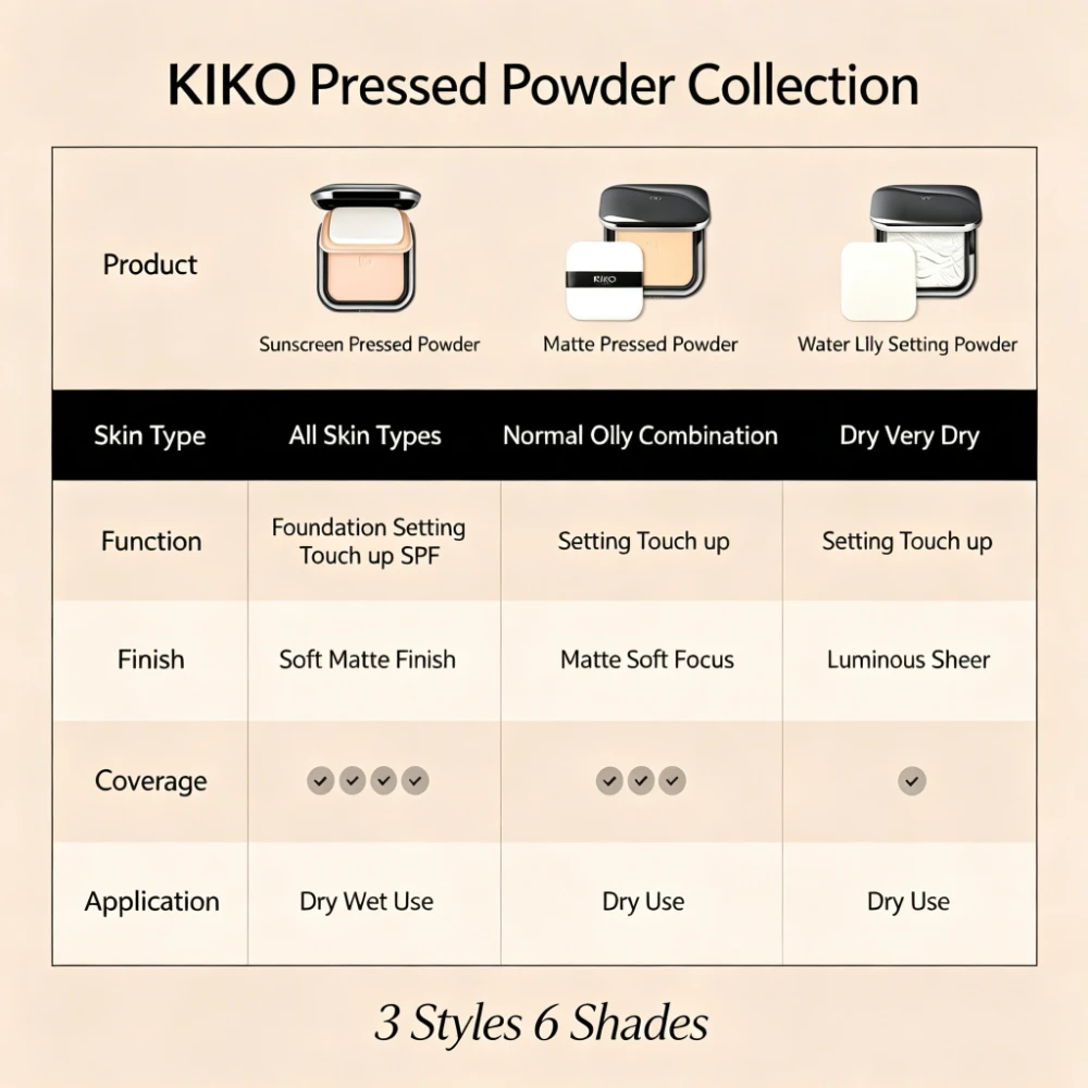 KIKO Pressed Powder Collection Wet Dry Foundation Matte Fusion Water Lily Setting Powder Oil Control Long Lasting Mirror Puff