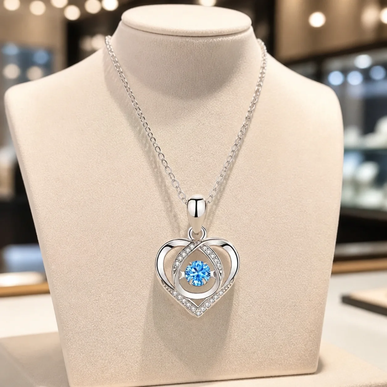 925 silver electroplated blue heart pendant necklace for women — pastoral fresh style o-chain design with geometric love motif —