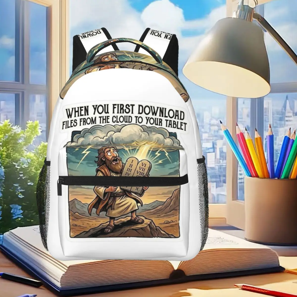 Moses When You First Download Files From The Cloud To Your Tablet Backpack Student Boys Girls BookBag School Bag Shoulder Bag