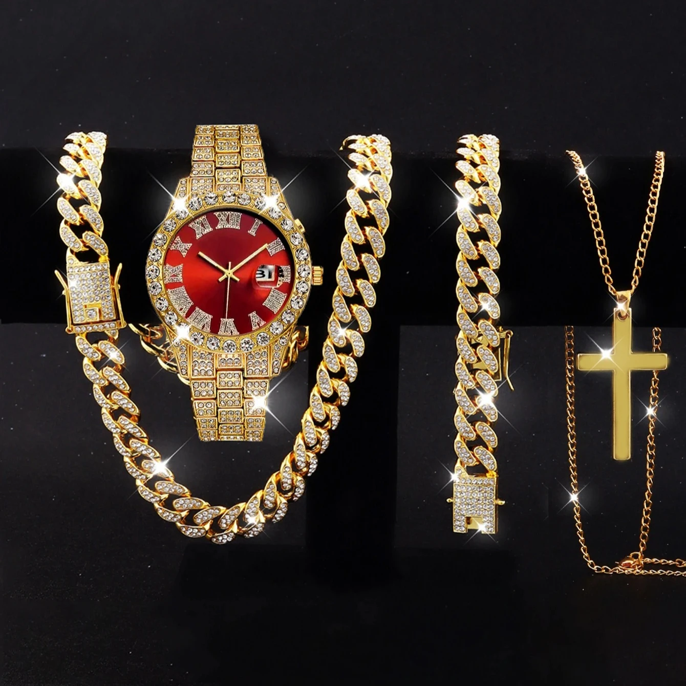 4PCS Luxury Rhinestone Men Calendar Quartz Watch Hip Hop Necklaces Bracelet Set Fashion Stainless Steel Band Mens Wristwatch view 5
