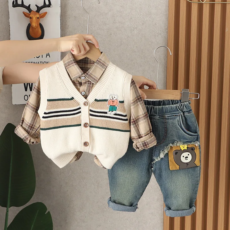 Boys Fashion Fall Spring New Striped Cartoon Sweater Vest+Long Sleeve Plaid Shirts+Casual Jeans Pants 3PCS Baby Infant Outfit