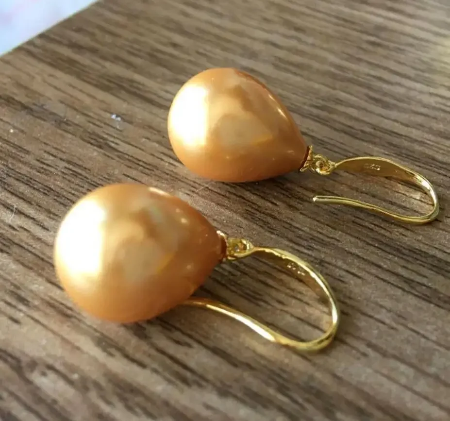 

GENUINE 12-16MM AAA+ Faint gold SOUTH SEA SHELL PEARLS EARRING 925 Silver-plated gold