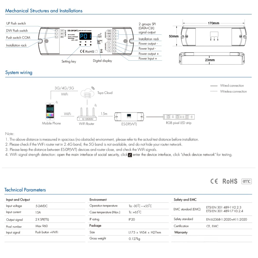 DC5V-24V تويا واي فاي SPI تحكم مزدوج دفع زر أضواء لدرجات السلم تحكم APP التحكم ل WS2812 WS2811 RGB أو شريط الضوء الأبيض #5
