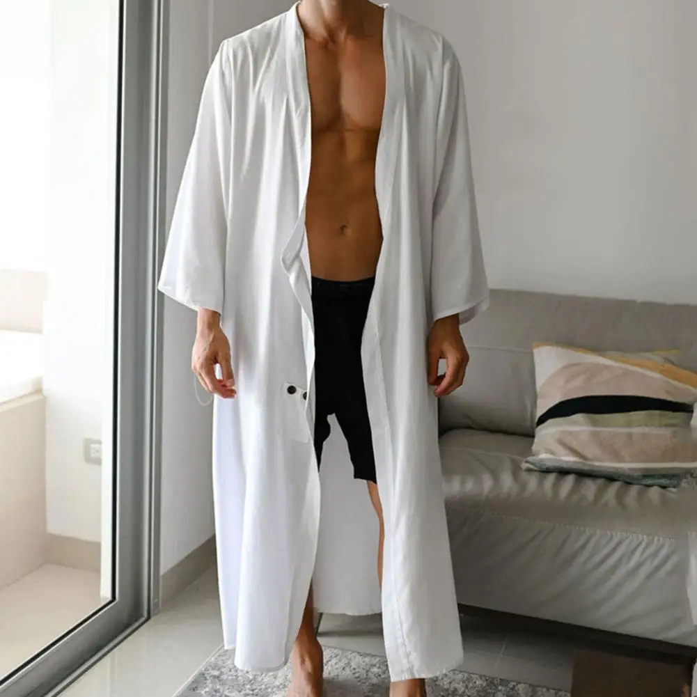 Men's Button-down Sleep Robes Solid Color Stand Collar Long Sleeve Nightgown Fashion Comfortable Home Wear Loose Bathrobes