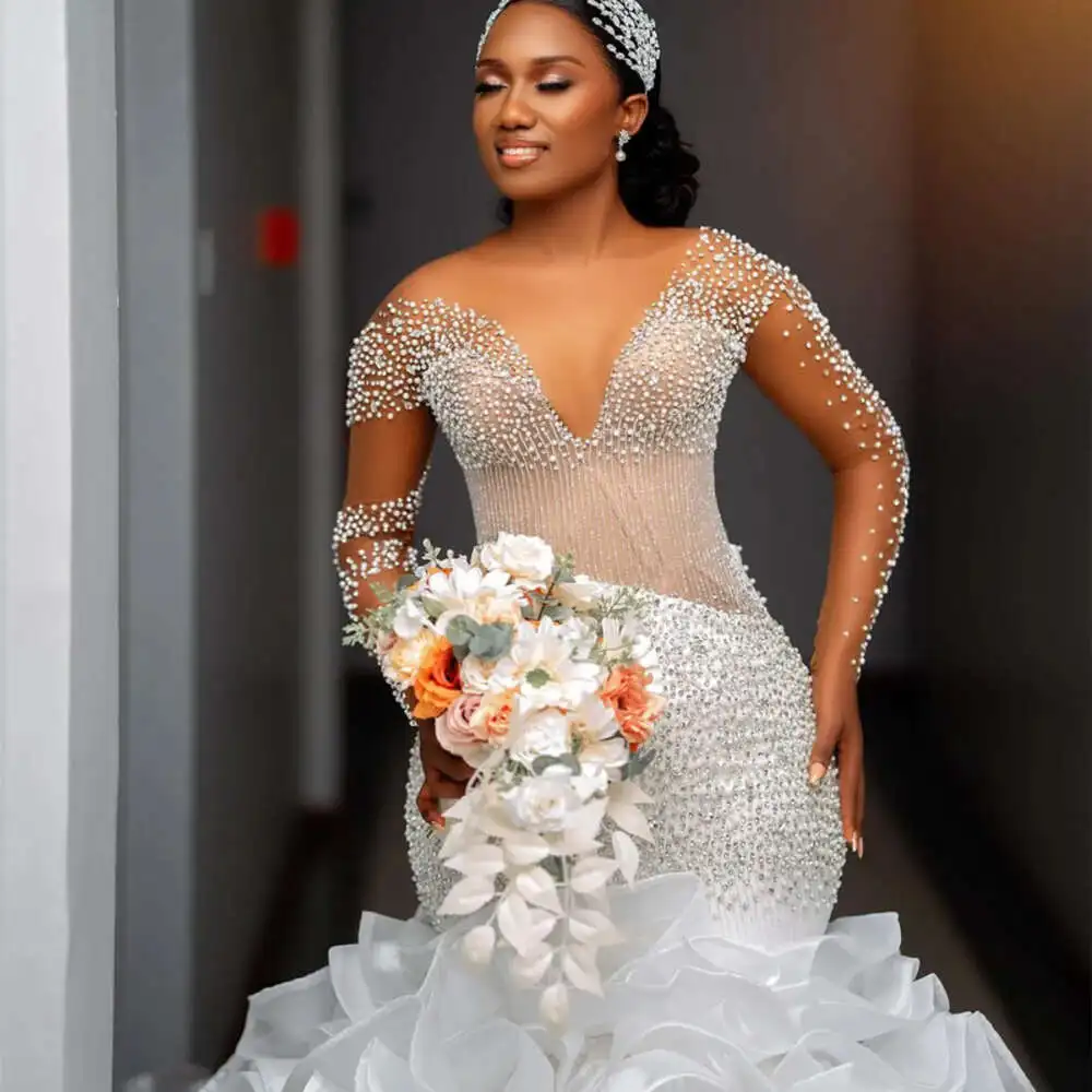 

Customized Scoop Neck Sparkly Beads Sequins Wedding Dress with Bow Train Robe De Mariée Detachable Train Mermaid Bridal Gown
