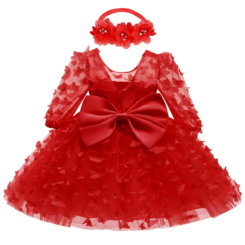 Vestido infantil de mangas médias, vestido de princesa fofo, vestido formal infantil, desenho tridimensional de flores, bebê e criança