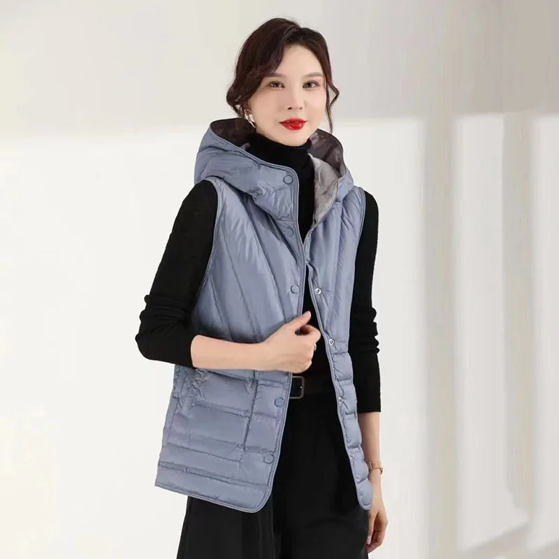 

Women Warm Reversible Hooded Waistcoat Autumn Winter Light White Duck Down Vest Coat Parkas Ladies Sleeveless Short Tank Jacket