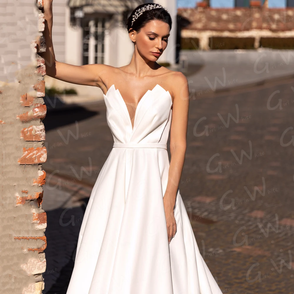 Simple Modern Satin Wedding Dress Sweetheart Sexy Slit Bridal Gown A-line Chic Women Bride Dresses Sleeveless Vestido De Noiva