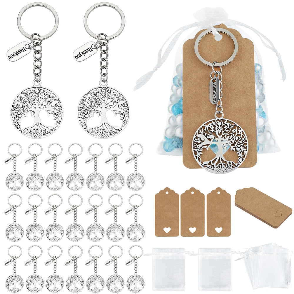 24 Sets Tree of Life Keychain Favors Family Reunion Party Favors with Thank You Charms Organza Gift Bags Tree Keyrings with Tags