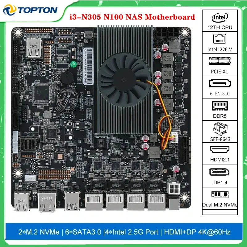 12 "4x i226-V 2.5G i3-N305 N100 NAS Motherboard 6-Bay DC Power 2xM.2 NVMe 6xSATA3.0 PCIE X1 RJ45 LAN DDR5 17X17 ITX Mainboard