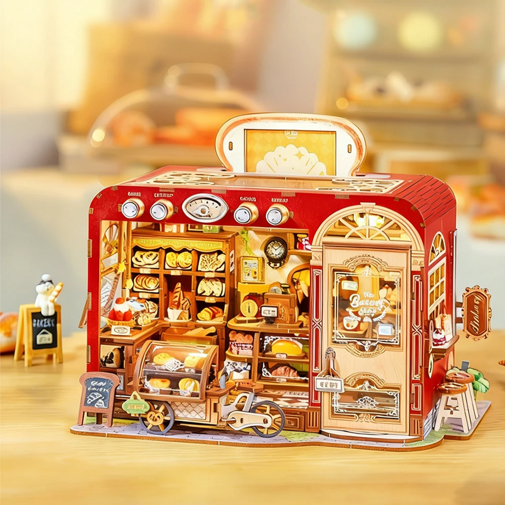 

DIY Dollhouse Bakery Kit Wooden Puzzle 3D Building Model with Light Interactive Pop Up Simulation Craft Set Gift for Girls Adult
