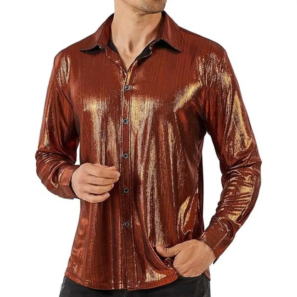 Camisa de Material brillante para hombre, cárdigan con botones de superficie brillante, manga larga, cuello vuelto, baile, actuación en Club, Primavera