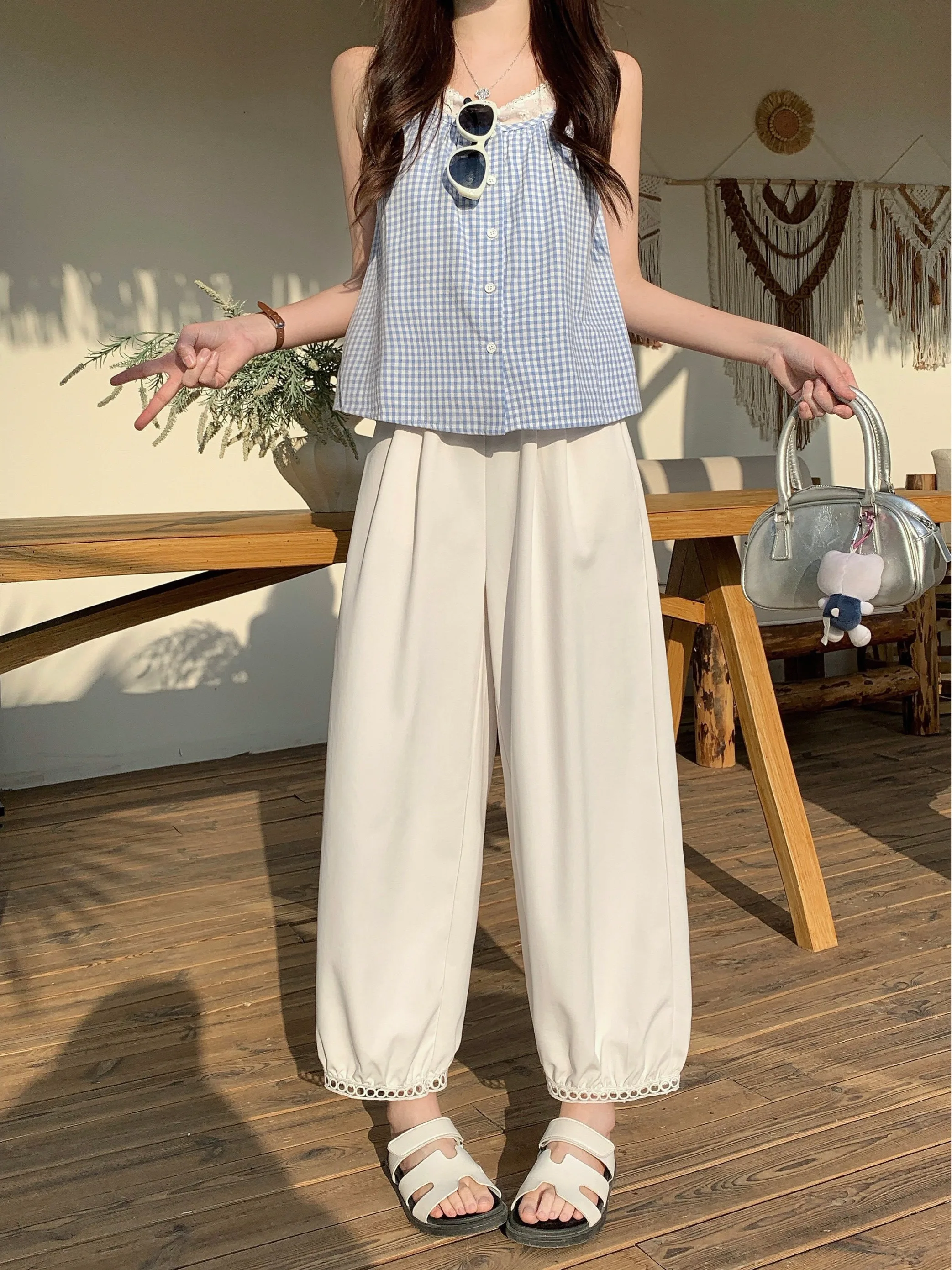 

High Waist Hollow out Lace Casual Pants Summer New Style Loose Wide Leg Pants for plus Size Women Korean Style Commute Wind