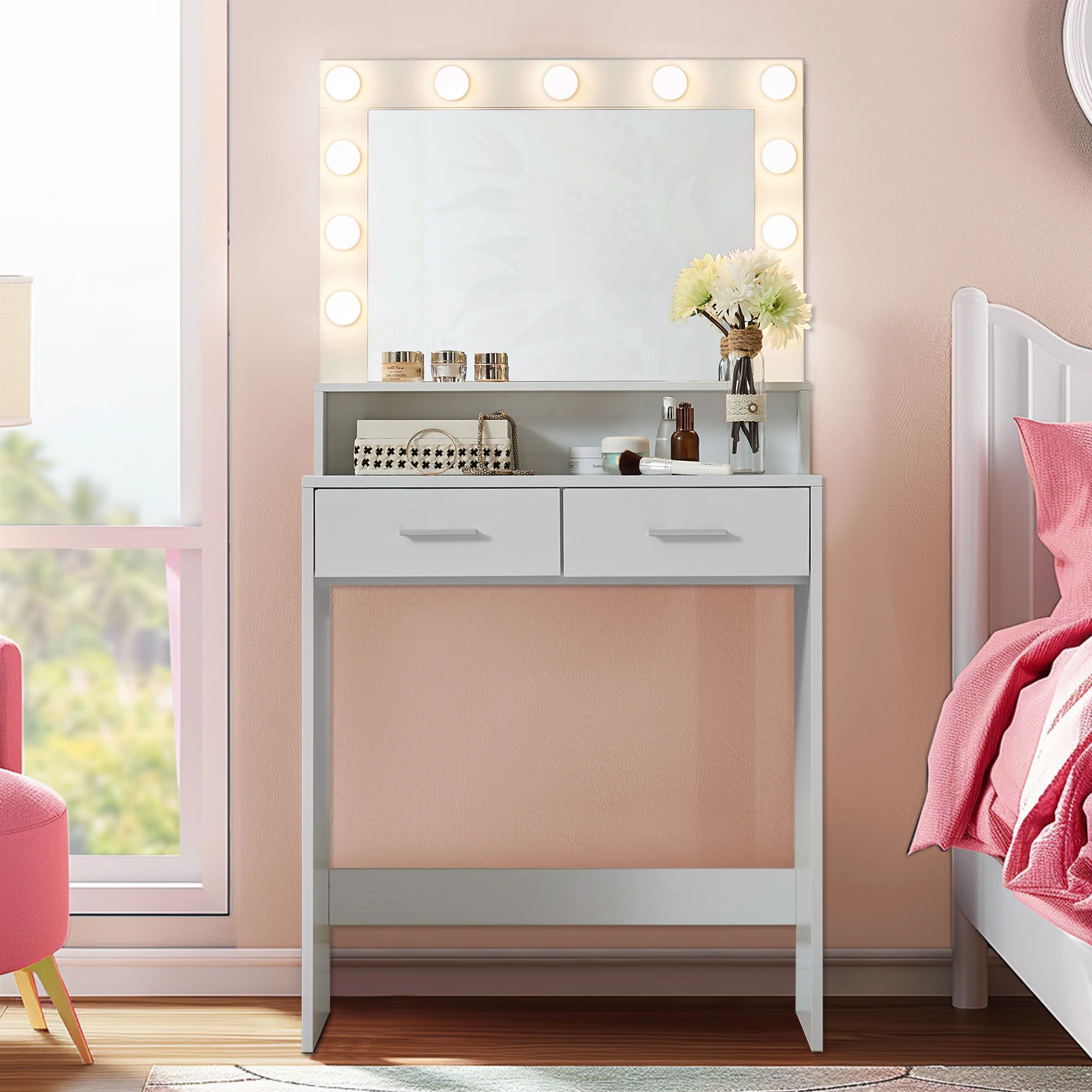 MIRROTOWEL Small Vanity Table With 2 Drawers, 1 Shelf And 3 Lighting Modes With Adjustable Brightness For The Bedroom