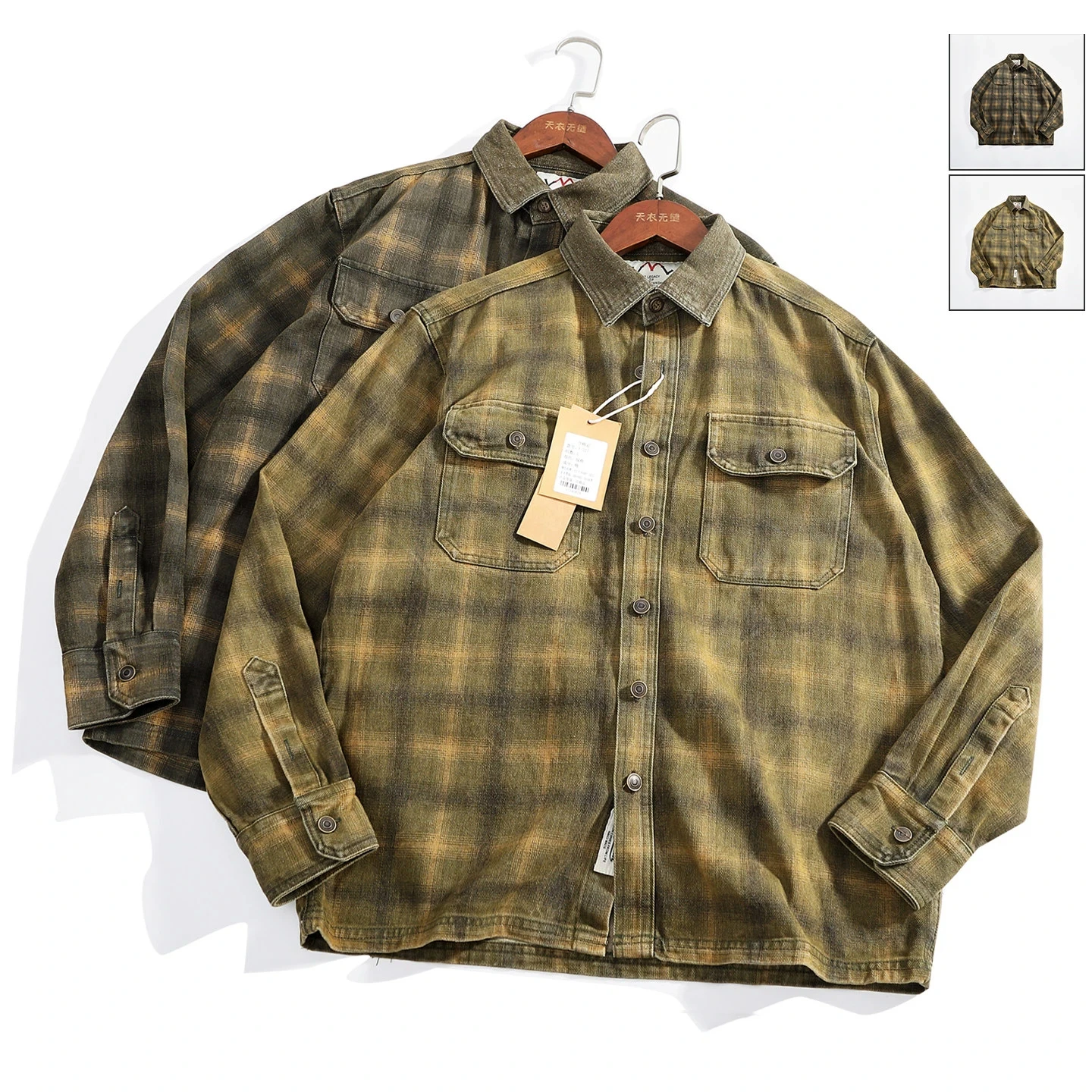 Autumn New American Retro Long-Sleeve Lapel Plaid Cargo Shirt Men's Simple 100% Cotton Washed Make Old Pocket Casual Thin Coat