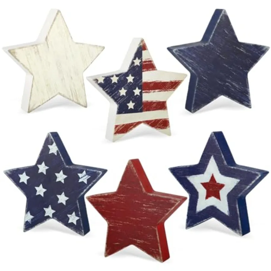 

4th of July Decorations Wooden Star Set of 6, Red White and Blue Decorations, Retro Patriotic Memorial Day Tiered Tray Decor, L