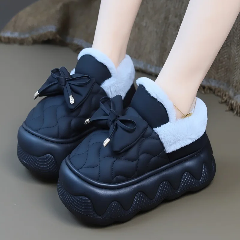 

Thick soled cotton slippers with bow decoration for women's winter indoor home, anti slip and plush warm cotton shoes