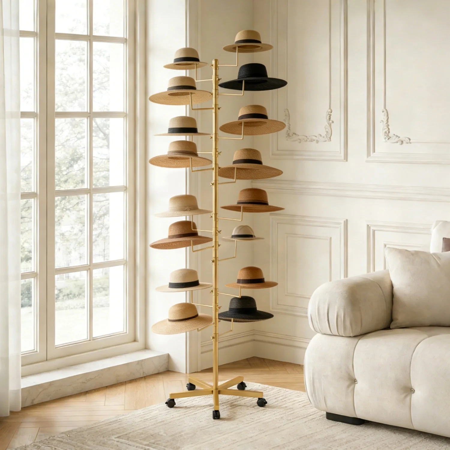 16 Hooks Hat Rack Stand Hats Display Stand Rack Metal Retail Wig or Hats-tree Stand w/ 5 Universal Wheels, for Home Commercial Retailshop, Gold