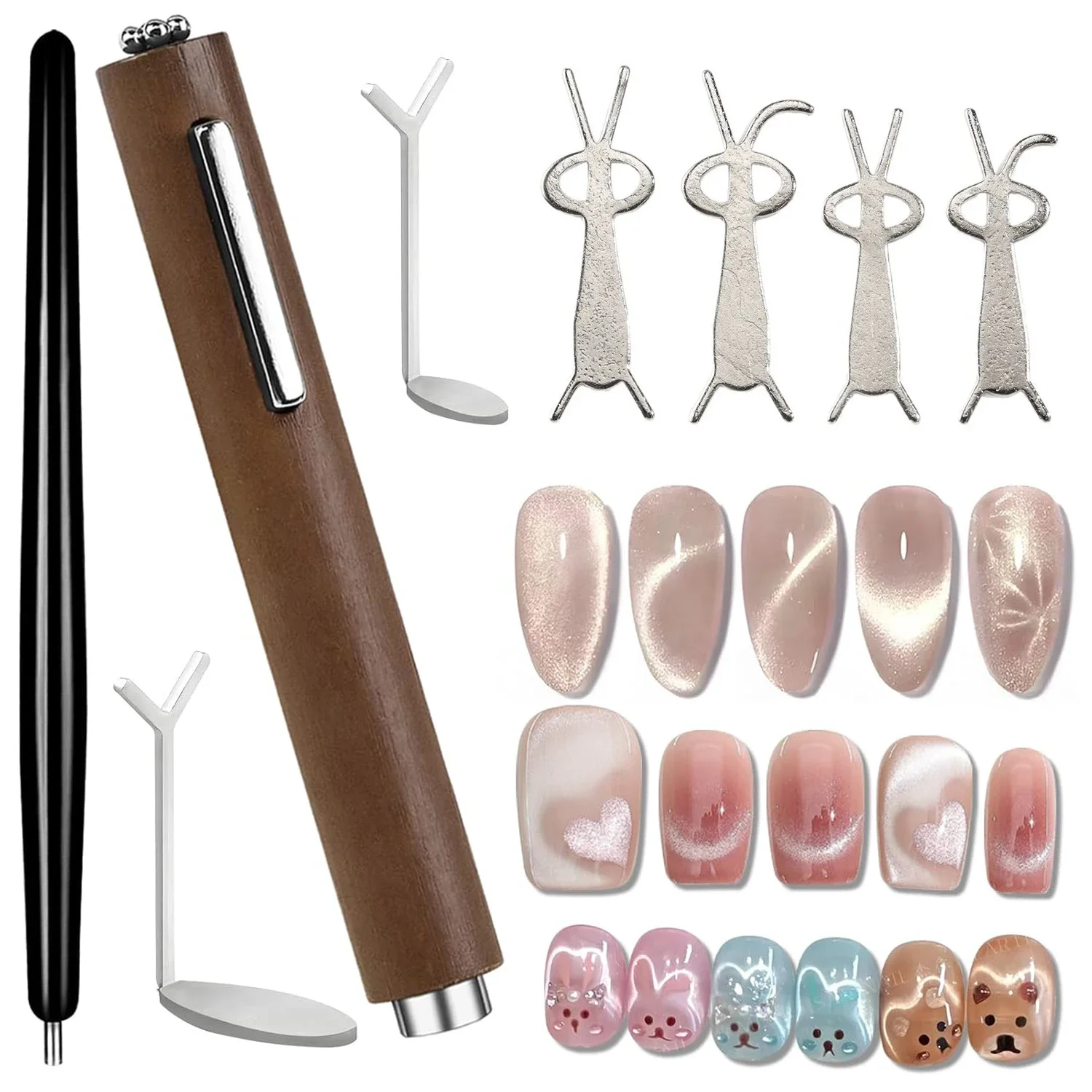 Cat Eye Nail Art Magnet Set: 3-in-1 Wood Handle Magnet Stick + Black Bead Magnet Pen + Y-Shape/Rabbit Guide Locator