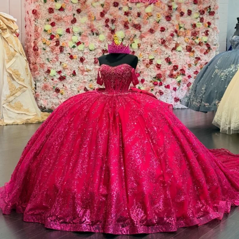 

Shiny Rose Pink Quinceanera Dress off-shoulder Crystal Glitter Decal Long tail Bow vestidos de 15 Quinceanera ﻿Customized