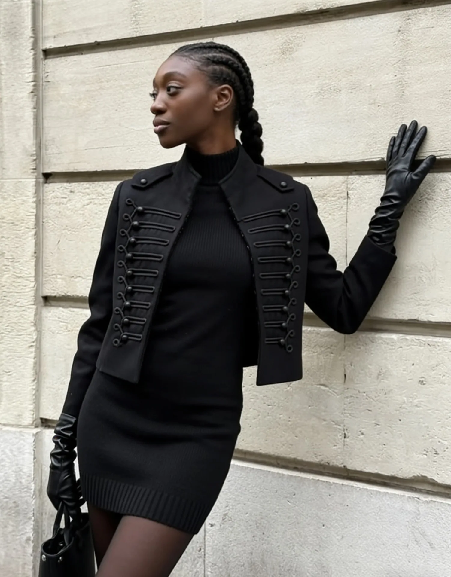 Black Stand Collar Cropped Jacket Front Decorative Lace Up Button Strap Shoulder Tab Epaulet Zip Up Slim Casual Outerwear 260701
