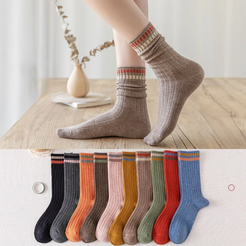 

Women Long Socks Retro School Spring Autumn Knitting Striped Polyester Cotton Middle Tube Loose Crew Sock Breathable Casual