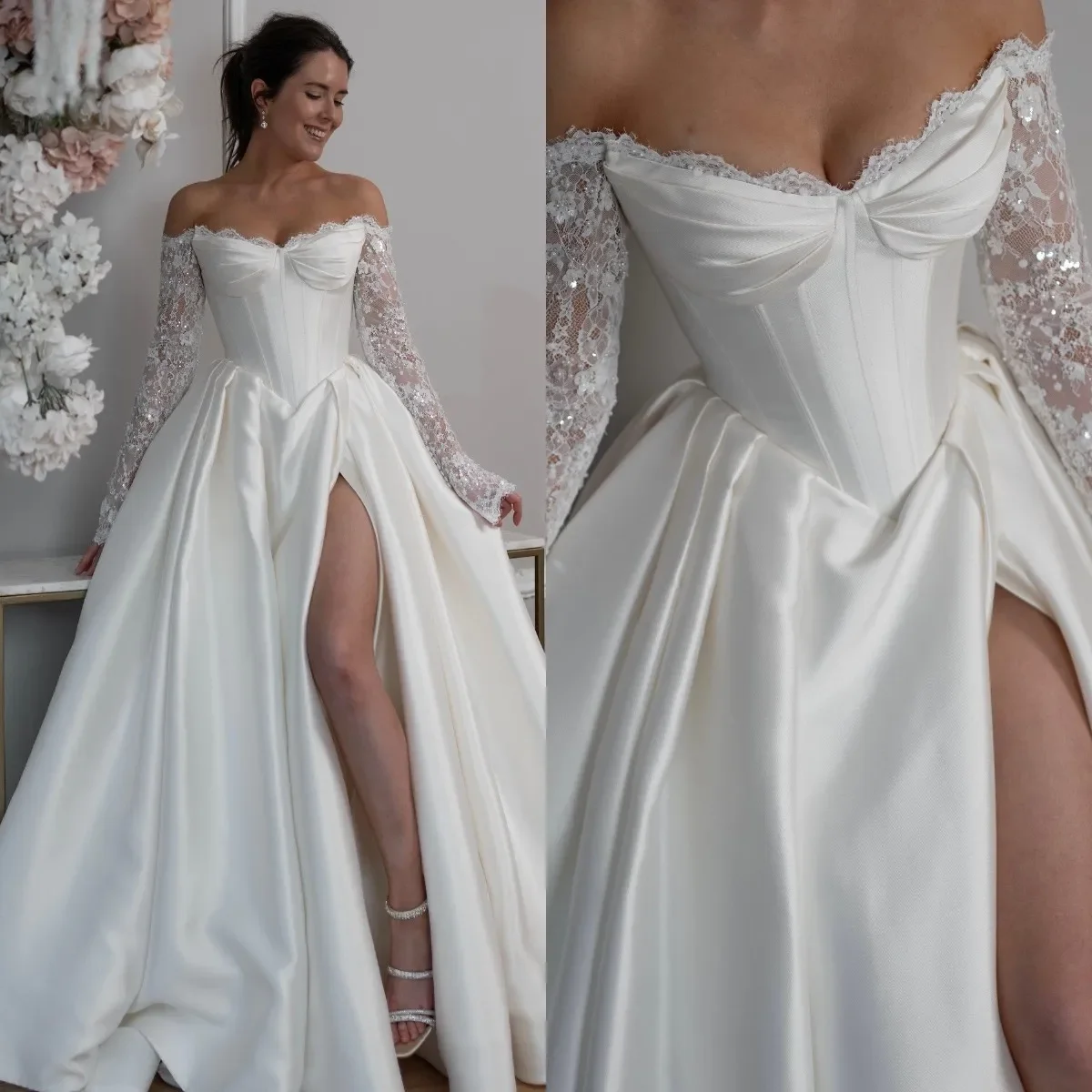 Gorgeous A set wedding dress Sexy off-the-shoulder lace beaded Long sleeve backless Side slit Crepe Satin Beach Bridal Dress