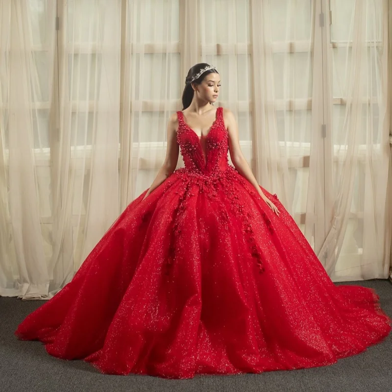 

Customized Shiny Red Quinceanera Dresses Off the Shoulder applique Beadwork flower Tull Long tail Vestido 15 Quinceanera