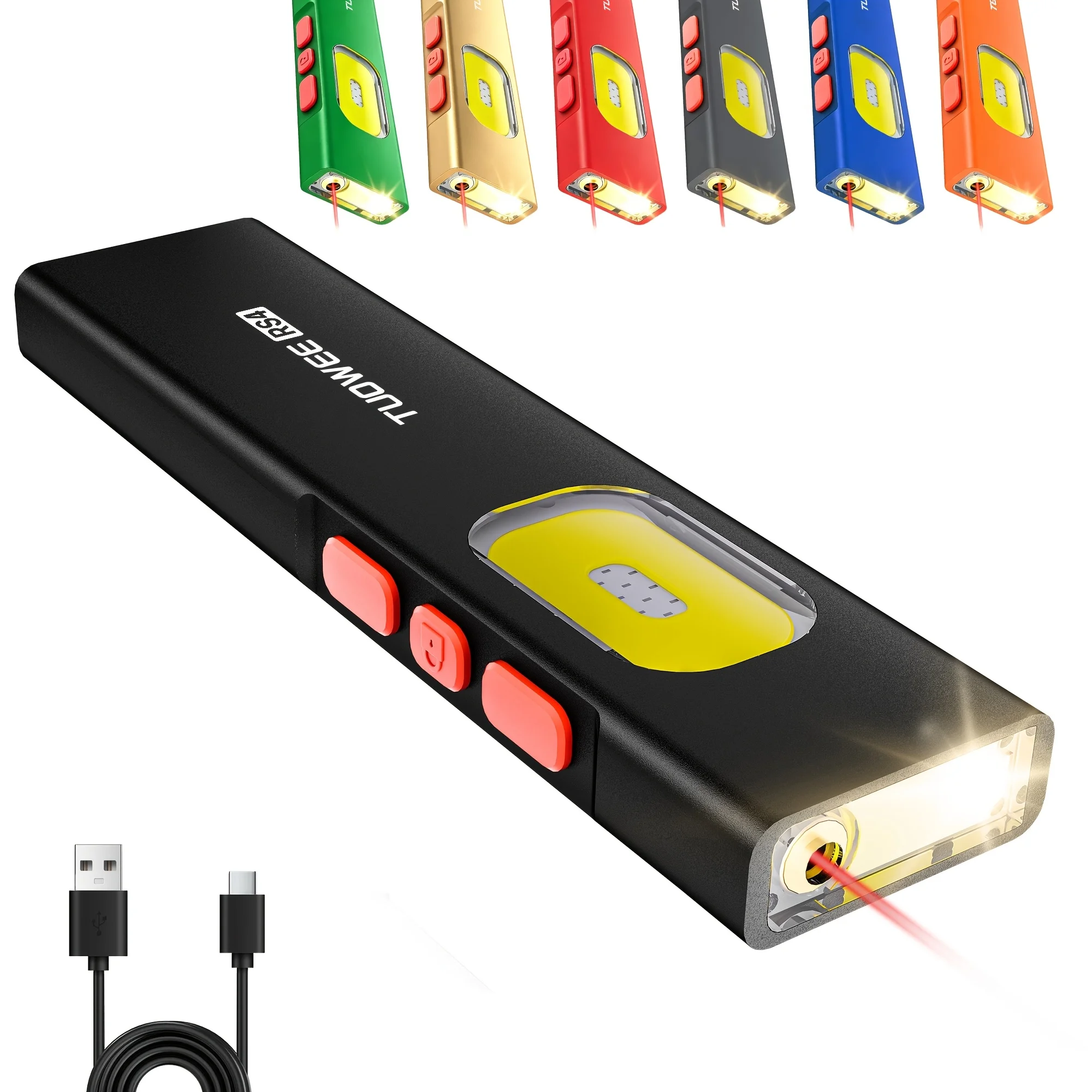 Multi‑Function Rechargeable LED Flashlight Magnetic Work Light USB‑C 6 Modes IPX5 Waterproof Clip‑on Torch Red‑Blue Warning Light & Red Beam Pointer for Camping Repair Meeting