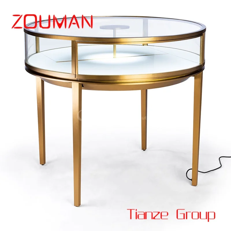 Custom , High-end paint gold jewelry store display cabinet wooden glass showcase round stainless steel jewelry counter customiza