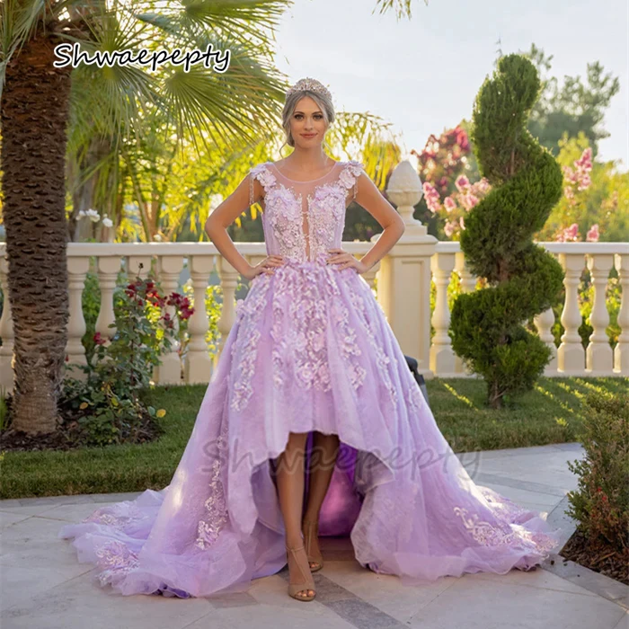 

Hi-Lo Lilac Wedding Dress Sheer Back Beading Illusion Summer Garden Bridal Gowns 3D Floral Appliques Customized Reception Dress