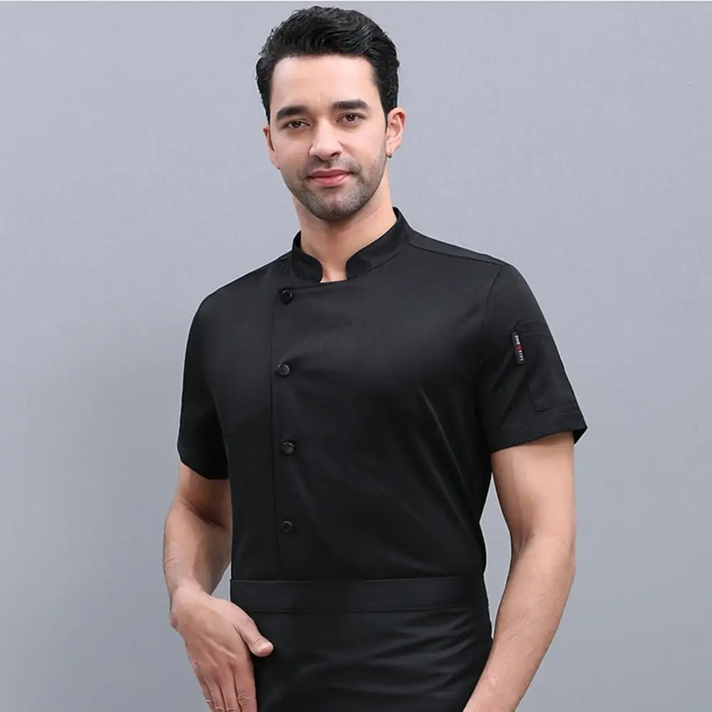 Camicia da cuoco a maniche corte camicia da cuoco Unisex resistente alle macchie con colletto alla coreana per cucina panetteria ristorante corto per camerieri