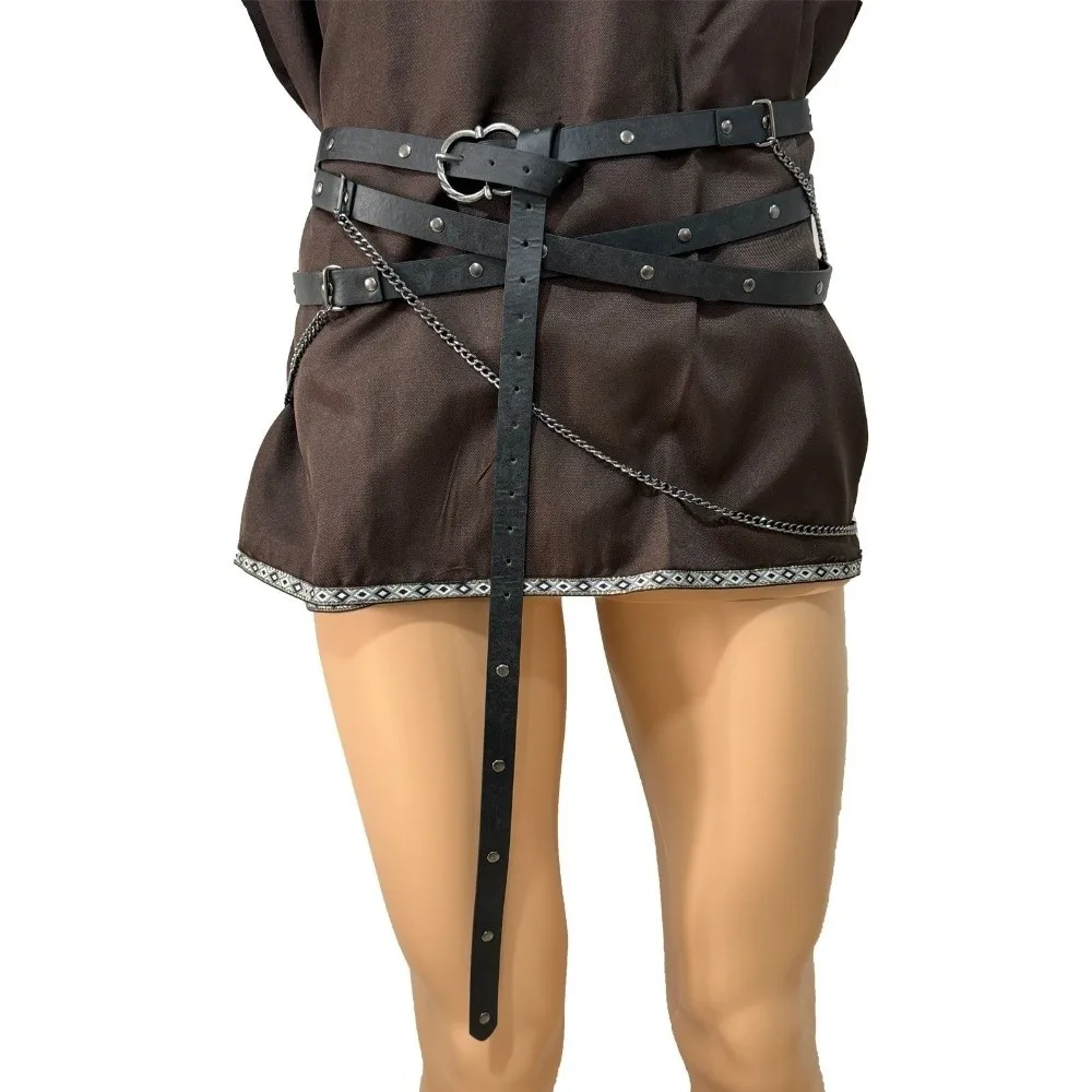 تعزيز قابل للتعديل القرون الوسطى DIY فو حزام جلد رقيقة دبوس معدني مشبك فايكنغ أحزمة وسط متعدد الطبقات خمر حزام على شكل سلسلة النساء #3