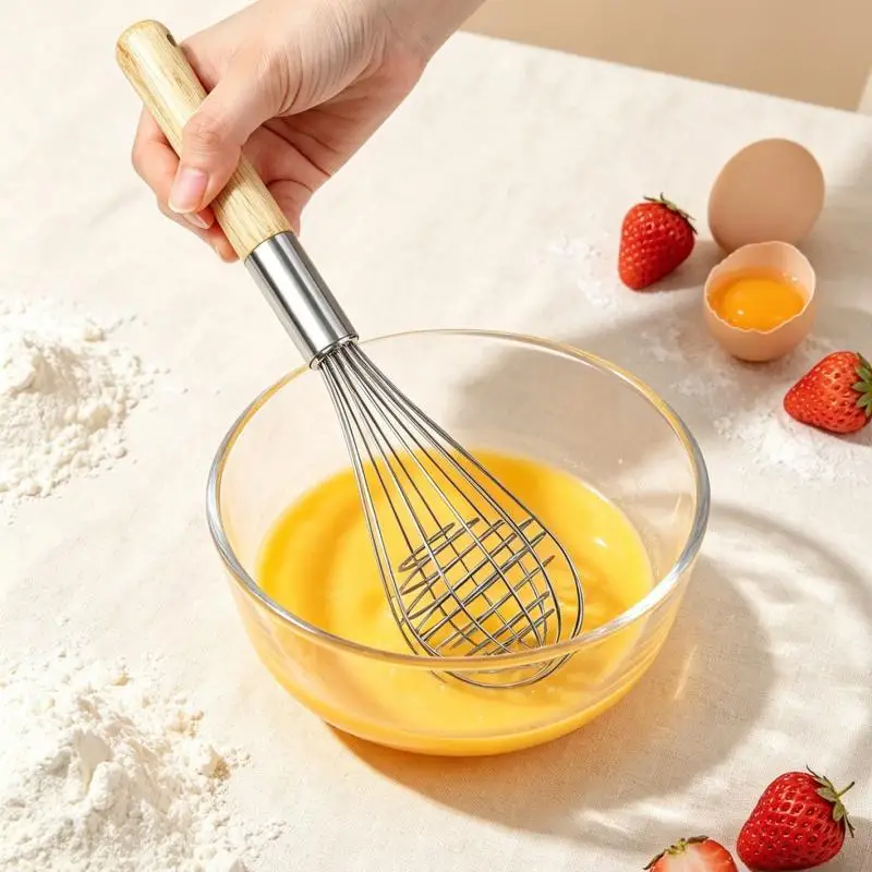 Stainless Steel Eggbeater Cream Mixer Spin Stirrer Egg Whisk Manual Wood Handle Knead Dough Rotary Eggbeater Stiring Stick