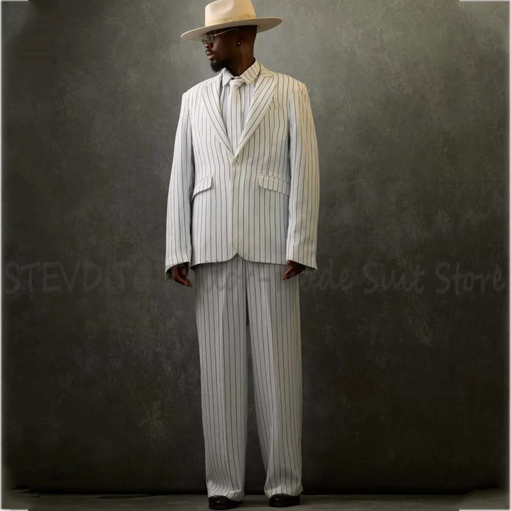 White Stripe Men 2 Piece Suit Notch Lapel Oversized Loose Blazer Pants Matching Set Vintage Handsome Party Prom Formal Outfit