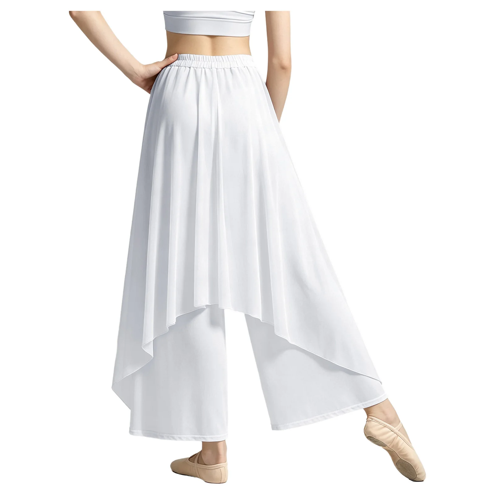 Women Classic Dance Trousers Pants Flowy Culottes Wide Leg Pants Irregular Mesh Layer Dance Trousers for Training Performance