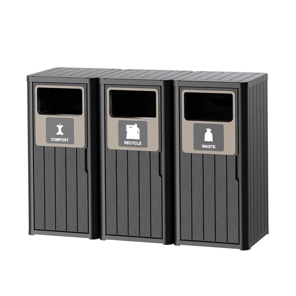 

Outdoor Triple Bin Trash Can, Waterproof Resin Waste Bin with Labels, Durable for Porch, Backyard, Kitchen, Suitable for 30-39 G
