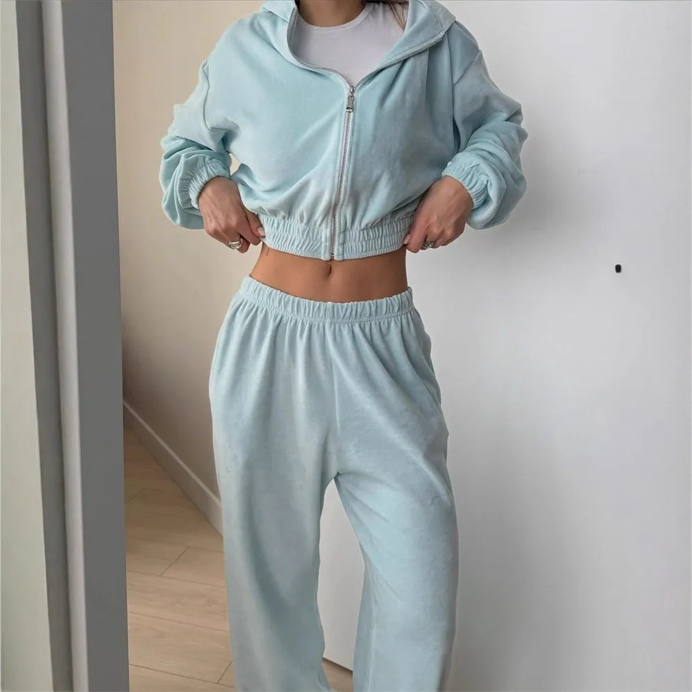 Women's Casual Long Sleeve Hoodie And Pants Set Elastic Waist Street Style Pure Color Two Piece Suit Independent Station Cros...