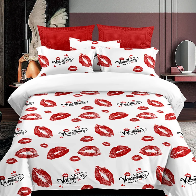 Red Lips Comforter Cover Queen Size For Girls Women Valentine's Day Theme Duvet Cover Microfiber Love Heart Floral Bedding Set