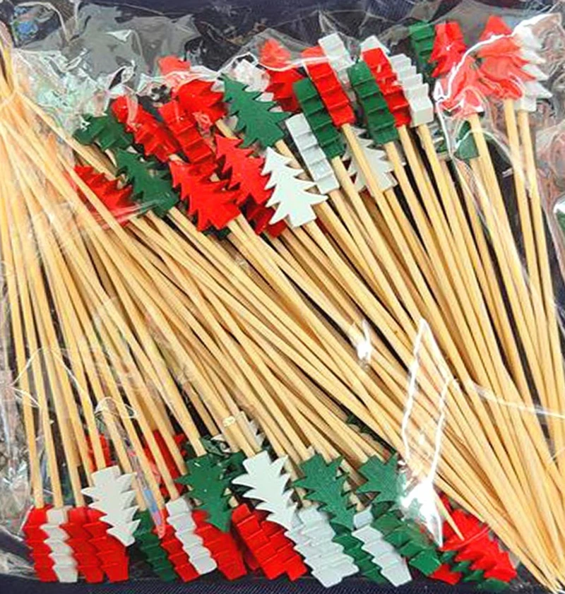 Disposable Bamboo Skewers, Food Picks, Fruit Fork, Christmas Party, Cake, Dessert, Salad Sticks, Toothpick Skewer, 100Pcs