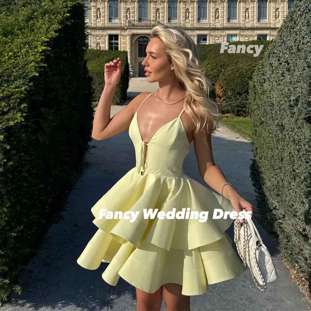 

Fancy Sexy Deep V Neck Evening Dress A Line Soft Satin Prom Gown Mini Short Sweet Party Dresses Customized
