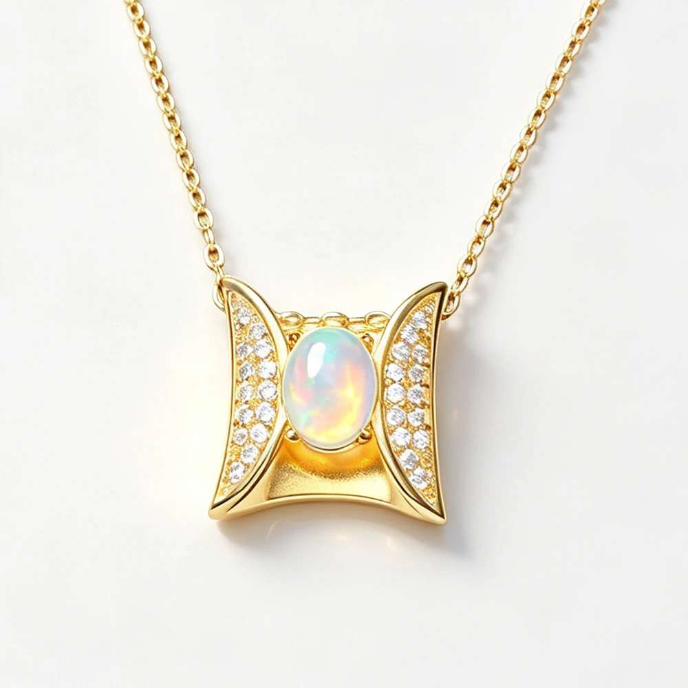 Trendy Gorgeous October Birthstone Natural Opal Pendants Necklace 18K Yellow Gold for women Anniversary Engagement Jewelry Gift