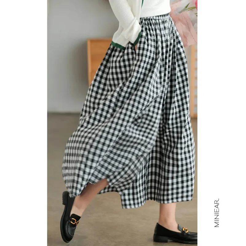 Vintage Plaid Loose Wide Leg Pants Summer New Elastic Waist All-match Casual Straight Pants Fashion Harajuku Women Clothing