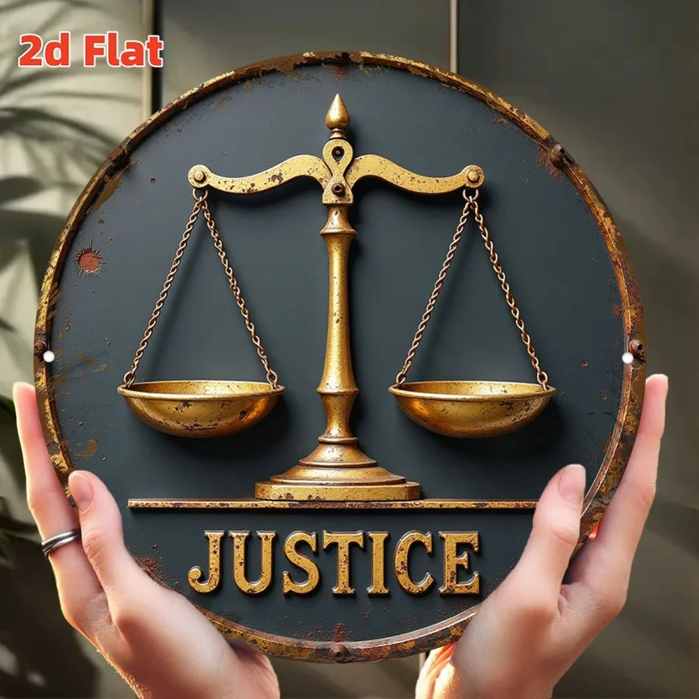 لوحة فنية جدارية معدنية مسطحة عتيقة مقاس 7.79 × 7.79 بوصة ثنائية الأبعاد - لافتة ألومنيوم ريفية بموازين ذهبية وسيف، ديكور للمنزل