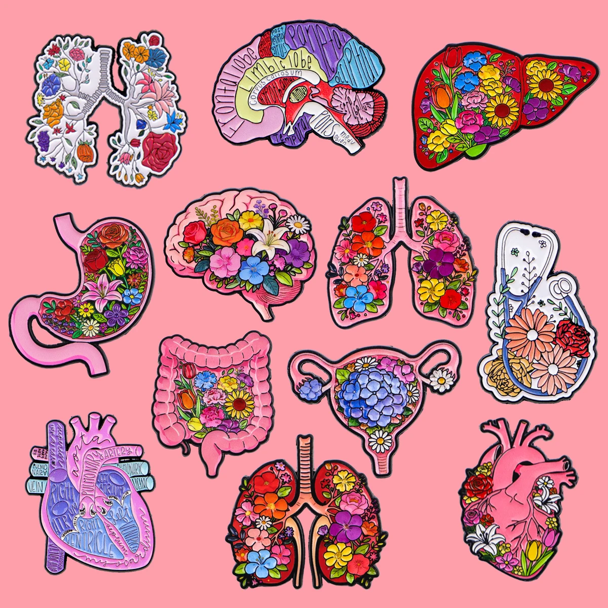 12pcs Floral Human Organ Enamel Pin Set Heart Brain Lung Brooch Lapel Pin Badge Accessories Fashion Jewelry Medical Doctors Gift